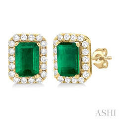 6x4 MM Octagonal Shape Emerald and 1/4 Ctw Round Cut Diamond Halo Precious Stud Earrings in 14K Yellow Gold 6x4 MM Octagonal Shape Emerald and 1/4 Ctw Round Cut Diamond Halo Precious Stud Earrings in 14K Yellow Gold