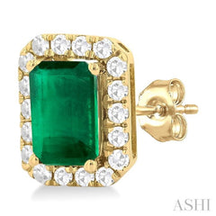 6x4 MM Octagonal Shape Emerald and 1/4 Ctw Round Cut Diamond Halo Precious Stud Earrings in 14K Yellow Gold 6x4 MM Octagonal Shape Emerald and 1/4 Ctw Round Cut Diamond Halo Precious Stud Earrings in 14K Yellow Gold