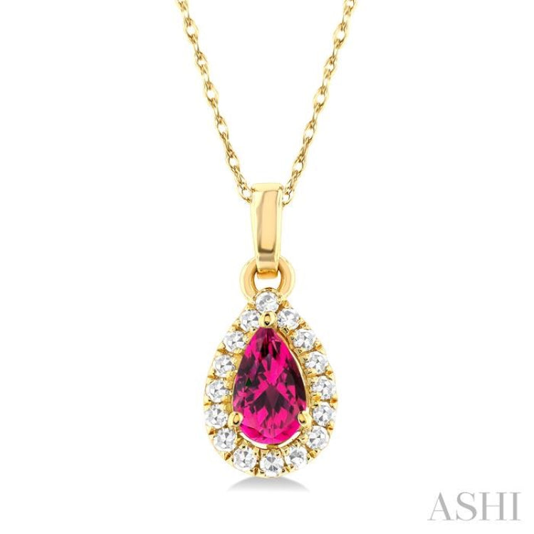 5x3 MM Pear Shape Pink Tourmaline and 1/20 Ctw Single Cut Diamond Halo Semi-Precious Pendant with Chain in 10K Yellow Gold 5x3 MM Pear Shape Pink Tourmaline and 1/20 Ctw Single Cut Diamond Halo Semi-Precious Pendant with Chain in 10K Yellow Gold