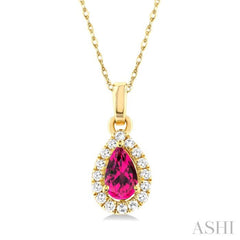 5x3 MM Pear Shape Pink Tourmaline and 1/20 Ctw Single Cut Diamond Halo Semi-Precious Pendant with Chain in 10K Yellow Gold 5x3 MM Pear Shape Pink Tourmaline and 1/20 Ctw Single Cut Diamond Halo Semi-Precious Pendant with Chain in 10K Yellow Gold
