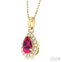 5x3 MM Pear Shape Pink Tourmaline and 1/20 Ctw Single Cut Diamond Halo Semi-Precious Pendant with Chain in 10K Yellow Gold 5x3 MM Pear Shape Pink Tourmaline and 1/20 Ctw Single Cut Diamond Halo Semi-Precious Pendant with Chain in 10K Yellow Gold