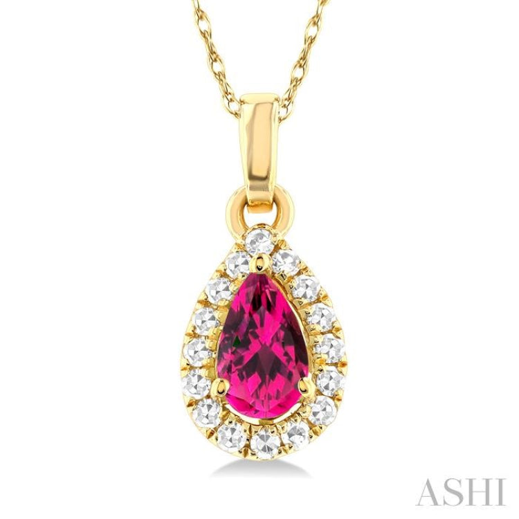 5x3 MM Pear Shape Pink Tourmaline and 1/20 Ctw Single Cut Diamond Halo Semi-Precious Pendant with Chain in 10K Yellow Gold 5x3 MM Pear Shape Pink Tourmaline and 1/20 Ctw Single Cut Diamond Halo Semi-Precious Pendant with Chain in 10K Yellow Gold