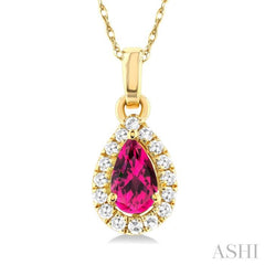 5x3 MM Pear Shape Pink Tourmaline and 1/20 Ctw Single Cut Diamond Halo Semi-Precious Pendant with Chain in 10K Yellow Gold 5x3 MM Pear Shape Pink Tourmaline and 1/20 Ctw Single Cut Diamond Halo Semi-Precious Pendant with Chain in 10K Yellow Gold