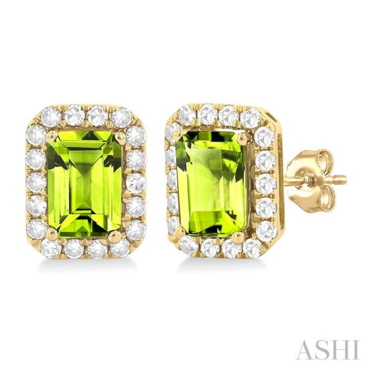 6x4 MM Octagonal Shape Peridot and 1/4 Ctw Round Cut Diamond Halo Semi-Precious Stud Earrings in 10K Yellow Gold 6x4 MM Octagonal Shape Peridot and 1/4 Ctw Round Cut Diamond Halo Semi-Precious Stud Earrings in 10K Yellow Gold