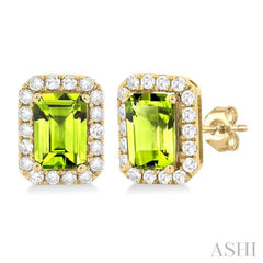 6x4 MM Octagonal Shape Peridot and 1/4 Ctw Round Cut Diamond Halo Semi-Precious Stud Earrings in 10K Yellow Gold 6x4 MM Octagonal Shape Peridot and 1/4 Ctw Round Cut Diamond Halo Semi-Precious Stud Earrings in 10K Yellow Gold