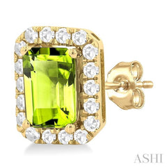 6x4 MM Octagonal Shape Peridot and 1/4 Ctw Round Cut Diamond Halo Semi-Precious Stud Earrings in 10K Yellow Gold 6x4 MM Octagonal Shape Peridot and 1/4 Ctw Round Cut Diamond Halo Semi-Precious Stud Earrings in 10K Yellow Gold