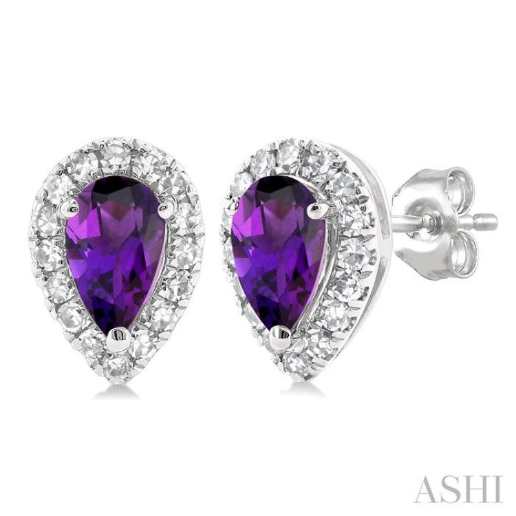 5x3 MM Pear Shape Amethyst and 1/8 Ctw Single Cut Diamond Halo Semi-Precious Stud Earrings in 14K White Gold 5x3 MM Pear Shape Amethyst and 1/8 Ctw Single Cut Diamond Halo Semi-Precious Stud Earrings in 14K White Gold