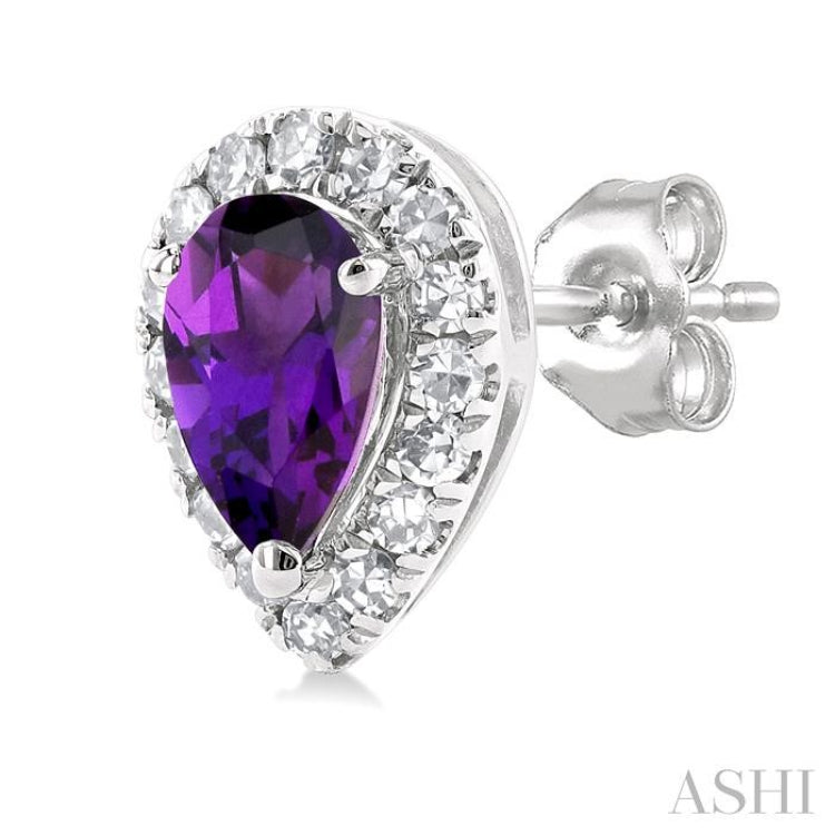 5x3 MM Pear Shape Amethyst and 1/8 Ctw Single Cut Diamond Halo Semi-Precious Stud Earrings in 14K White Gold 5x3 MM Pear Shape Amethyst and 1/8 Ctw Single Cut Diamond Halo Semi-Precious Stud Earrings in 14K White Gold