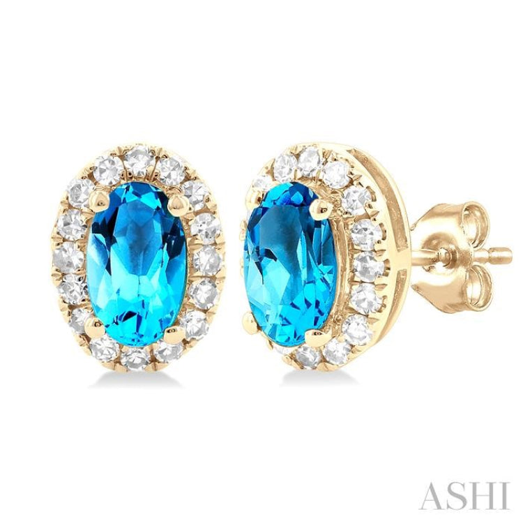 5x3 MM Oval Shape Blue Topaz and 1/8 Ctw Single Cut Diamond Halo Semi-Precious Stud Earrings in 14K Yellow Gold 5x3 MM Oval Shape Blue Topaz and 1/8 Ctw Single Cut Diamond Halo Semi-Precious Stud Earrings in 14K Yellow Gold