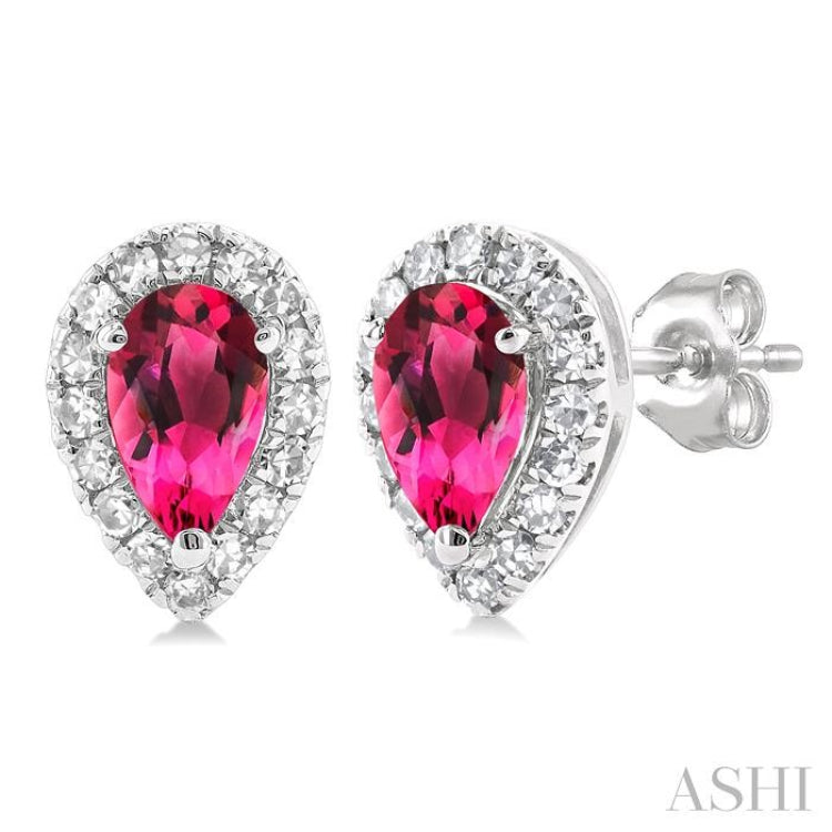5x3 MM Pear Shape Pink Tourmaline and 1/8 Ctw Single Cut Diamond Halo Semi-Precious Stud Earrings in 14K White Gold 5x3 MM Pear Shape Pink Tourmaline and 1/8 Ctw Single Cut Diamond Halo Semi-Precious Stud Earrings in 14K White Gold