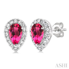 5x3 MM Pear Shape Pink Tourmaline and 1/8 Ctw Single Cut Diamond Halo Semi-Precious Stud Earrings in 14K White Gold 5x3 MM Pear Shape Pink Tourmaline and 1/8 Ctw Single Cut Diamond Halo Semi-Precious Stud Earrings in 14K White Gold
