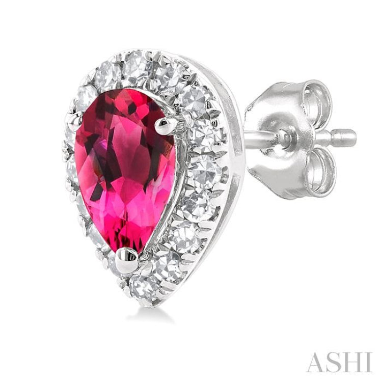5x3 MM Pear Shape Pink Tourmaline and 1/8 Ctw Single Cut Diamond Halo Semi-Precious Stud Earrings in 14K White Gold 5x3 MM Pear Shape Pink Tourmaline and 1/8 Ctw Single Cut Diamond Halo Semi-Precious Stud Earrings in 14K White Gold