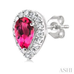 5x3 MM Pear Shape Pink Tourmaline and 1/8 Ctw Single Cut Diamond Halo Semi-Precious Stud Earrings in 14K White Gold 5x3 MM Pear Shape Pink Tourmaline and 1/8 Ctw Single Cut Diamond Halo Semi-Precious Stud Earrings in 14K White Gold