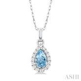 5x3 MM Pear Shape Aquamarine and 1/20 Ctw Single Cut Diamond Halo Semi-Precious Pendant with Chain in 14K White Gold