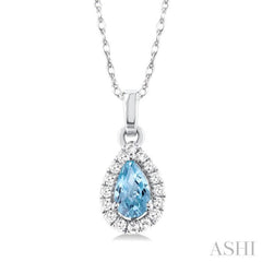 5x3 MM Pear Shape Aquamarine and 1/20 Ctw Single Cut Diamond Halo Semi-Precious Pendant with Chain in 14K White Gold 5x3 MM Pear Shape Aquamarine and 1/20 Ctw Single Cut Diamond Halo Semi-Precious Pendant with Chain in 14K White Gold