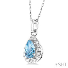 5x3 MM Pear Shape Aquamarine and 1/20 Ctw Single Cut Diamond Halo Semi-Precious Pendant with Chain in 14K White Gold 5x3 MM Pear Shape Aquamarine and 1/20 Ctw Single Cut Diamond Halo Semi-Precious Pendant with Chain in 14K White Gold