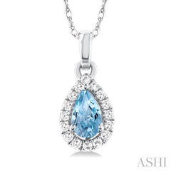 5x3 MM Pear Shape Aquamarine and 1/20 Ctw Single Cut Diamond Halo Semi-Precious Pendant with Chain in 14K White Gold 5x3 MM Pear Shape Aquamarine and 1/20 Ctw Single Cut Diamond Halo Semi-Precious Pendant with Chain in 14K White Gold