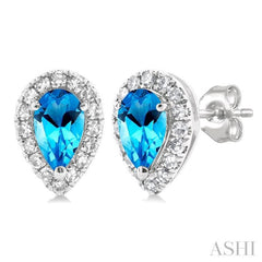 5x3 MM Pear Shape Blue Topaz and 1/8 Ctw Single Cut Diamond Halo Semi-Precious Stud Earrings in 14K White Gold 5x3 MM Pear Shape Blue Topaz and 1/8 Ctw Single Cut Diamond Halo Semi-Precious Stud Earrings in 14K White Gold
