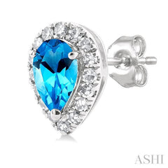 5x3 MM Pear Shape Blue Topaz and 1/8 Ctw Single Cut Diamond Halo Semi-Precious Stud Earrings in 14K White Gold 5x3 MM Pear Shape Blue Topaz and 1/8 Ctw Single Cut Diamond Halo Semi-Precious Stud Earrings in 14K White Gold