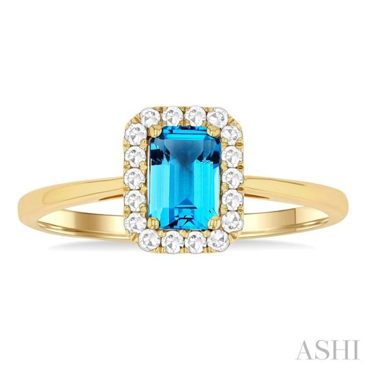 6x4 MM Octagonal Shape Blue Topaz and 1/6 Ctw Round Cut Diamond Halo Semi-Precious Ring in 10K Yellow Gold 6x4 MM Octagonal Shape Blue Topaz and 1/6 Ctw Round Cut Diamond Halo Semi-Precious Ring in 10K Yellow Gold
