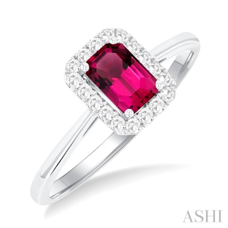 6x4 MM Octagonal Shape Pink Tourmaline and 1/6 Ctw Round Cut Diamond Halo Semi-Precious Ring in 10K White Gold 6x4 MM Octagonal Shape Pink Tourmaline and 1/6 Ctw Round Cut Diamond Halo Semi-Precious Ring in 10K White Gold