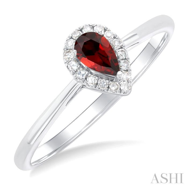 5x3 MM Pear Shape Garnet and 1/20 Ctw Single Cut Diamond Halo Semi-Precious Ring in 14K White Gold 5x3 MM Pear Shape Garnet and 1/20 Ctw Single Cut Diamond Halo Semi-Precious Ring in 14K White Gold