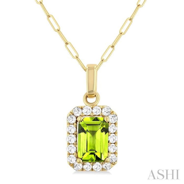 6x4 MM Octagonal Shape Peridot and 1/6 Ctw Round Cut Diamond Halo Semi-Precious Pendant with Chain in 14K Yellow Gold 6x4 MM Octagonal Shape Peridot and 1/6 Ctw Round Cut Diamond Halo Semi-Precious Pendant with Chain in 14K Yellow Gold
