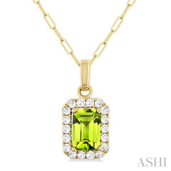 6x4 MM Octagonal Shape Peridot and 1/6 Ctw Round Cut Diamond Halo Semi-Precious Pendant with Chain in 14K Yellow Gold 6x4 MM Octagonal Shape Peridot and 1/6 Ctw Round Cut Diamond Halo Semi-Precious Pendant with Chain in 14K Yellow Gold