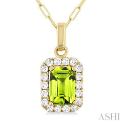 6x4 MM Octagonal Shape Peridot and 1/6 Ctw Round Cut Diamond Halo Semi-Precious Pendant with Chain in 14K Yellow Gold 6x4 MM Octagonal Shape Peridot and 1/6 Ctw Round Cut Diamond Halo Semi-Precious Pendant with Chain in 14K Yellow Gold