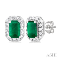 5x3 MM Octagonal Shape Emerald and 1/8 Ctw Single Cut Diamond Halo Precious Stud Earrings in 14K White Gold 5x3 MM Octagonal Shape Emerald and 1/8 Ctw Single Cut Diamond Halo Precious Stud Earrings in 14K White Gold