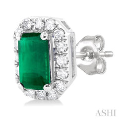 5x3 MM Octagonal Shape Emerald and 1/8 Ctw Single Cut Diamond Halo Precious Stud Earrings in 14K White Gold 5x3 MM Octagonal Shape Emerald and 1/8 Ctw Single Cut Diamond Halo Precious Stud Earrings in 14K White Gold