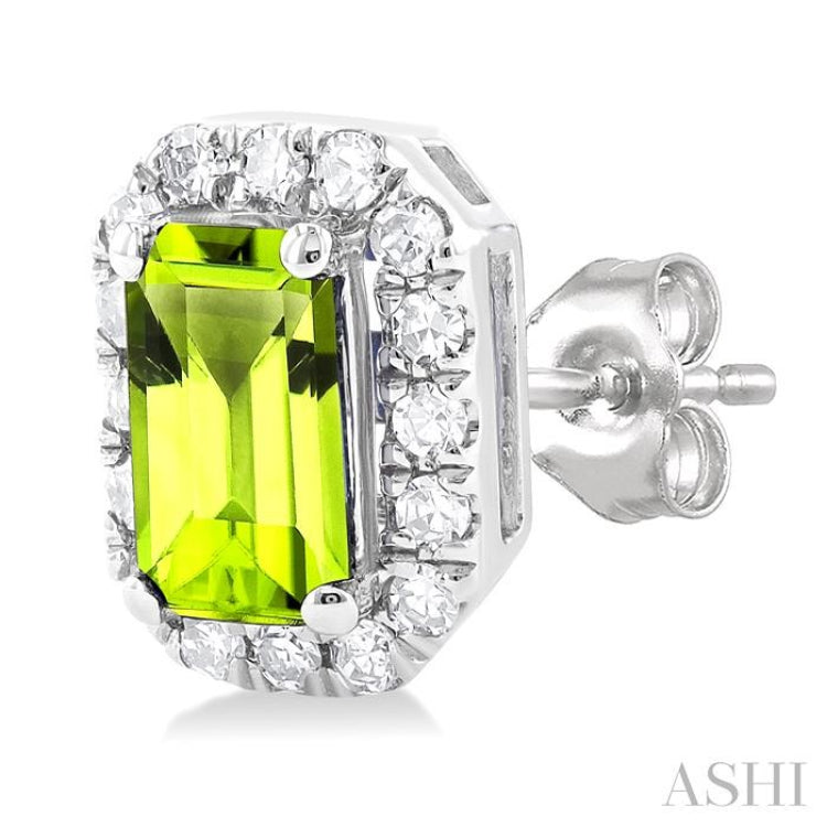 5x3 MM Octagonal Shape Peridot and 1/8 Ctw Single Cut Diamond Halo Semi-Precious Stud Earrings in 14K White Gold 5x3 MM Octagonal Shape Peridot and 1/8 Ctw Single Cut Diamond Halo Semi-Precious Stud Earrings in 14K White Gold