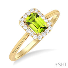 6x4 MM Octagonal Shape Peridot and 1/6 Ctw Round Cut Diamond Halo Semi-Precious Ring in 14K Yellow Gold 6x4 MM Octagonal Shape Peridot and 1/6 Ctw Round Cut Diamond Halo Semi-Precious Ring in 14K Yellow Gold