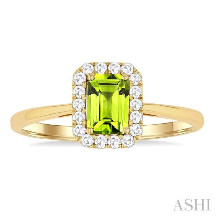 6x4 MM Octagonal Shape Peridot and 1/6 Ctw Round Cut Diamond Halo Semi-Precious Ring in 14K Yellow Gold 6x4 MM Octagonal Shape Peridot and 1/6 Ctw Round Cut Diamond Halo Semi-Precious Ring in 14K Yellow Gold