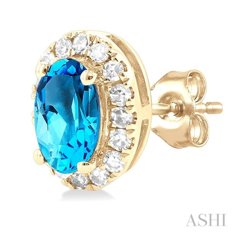 5x3 MM Oval Shape Blue Topaz and 1/8 Ctw Single Cut Diamond Halo Semi-Precious Stud Earrings in 10K Yellow Gold 5x3 MM Oval Shape Blue Topaz and 1/8 Ctw Single Cut Diamond Halo Semi-Precious Stud Earrings in 10K Yellow Gold
