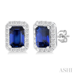 6x4 MM Octagonal Shape Sapphire and 1/4 Ctw Round Cut Diamond Halo Precious Stud Earrings in 14K White Gold 6x4 MM Octagonal Shape Sapphire and 1/4 Ctw Round Cut Diamond Halo Precious Stud Earrings in 14K White Gold