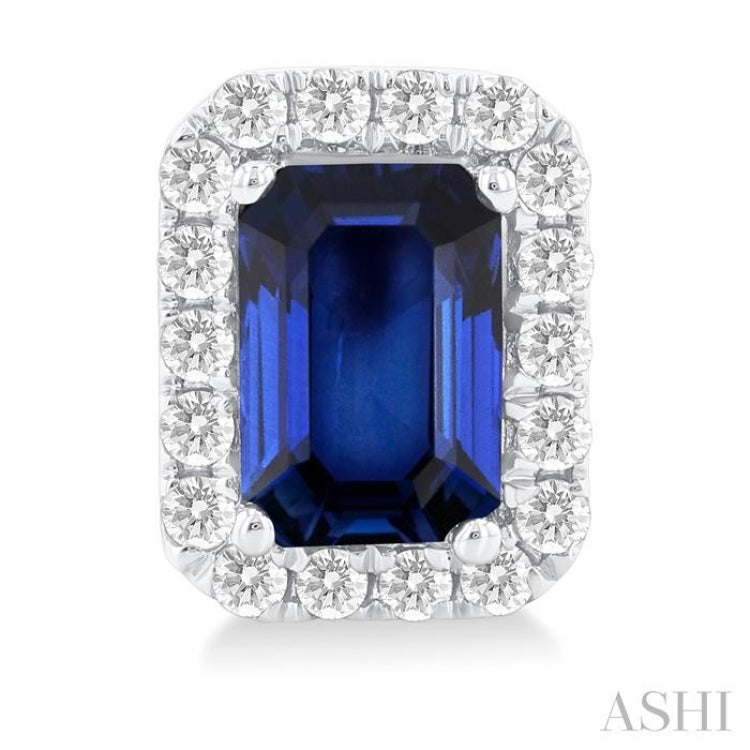 6x4 MM Octagonal Shape Sapphire and 1/4 Ctw Round Cut Diamond Halo Precious Stud Earrings in 14K White Gold 6x4 MM Octagonal Shape Sapphire and 1/4 Ctw Round Cut Diamond Halo Precious Stud Earrings in 14K White Gold