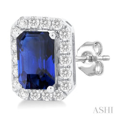 6x4 MM Octagonal Shape Sapphire and 1/4 Ctw Round Cut Diamond Halo Precious Stud Earrings in 14K White Gold 6x4 MM Octagonal Shape Sapphire and 1/4 Ctw Round Cut Diamond Halo Precious Stud Earrings in 14K White Gold