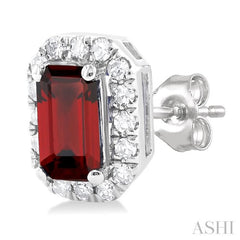 5x3 MM Octagonal Shape Garnet and 1/8 Ctw Single Cut Diamond Halo Semi-Precious Stud Earrings in 14K White Gold 5x3 MM Octagonal Shape Garnet and 1/8 Ctw Single Cut Diamond Halo Semi-Precious Stud Earrings in 14K White Gold