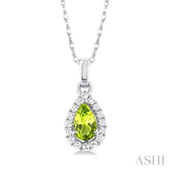 5x3 MM Pear Shape Peridot and 1/20 Ctw Single Cut Diamond Halo Semi-Precious Pendant with Chain in 14K White Gold 5x3 MM Pear Shape Peridot and 1/20 Ctw Single Cut Diamond Halo Semi-Precious Pendant with Chain in 14K White Gold