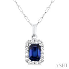 6x4 MM Octagonal Shape Sapphire and 1/6 Ctw Round Cut Diamond Halo Precious Pendant with Chain in 14K White Gold 6x4 MM Octagonal Shape Sapphire and 1/6 Ctw Round Cut Diamond Halo Precious Pendant with Chain in 14K White Gold
