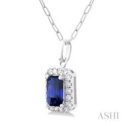 6x4 MM Octagonal Shape Sapphire and 1/6 Ctw Round Cut Diamond Halo Precious Pendant with Chain in 14K White Gold 6x4 MM Octagonal Shape Sapphire and 1/6 Ctw Round Cut Diamond Halo Precious Pendant with Chain in 14K White Gold