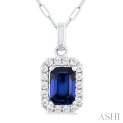 6x4 MM Octagonal Shape Sapphire and 1/6 Ctw Round Cut Diamond Halo Precious Pendant with Chain in 14K White Gold 6x4 MM Octagonal Shape Sapphire and 1/6 Ctw Round Cut Diamond Halo Precious Pendant with Chain in 14K White Gold
