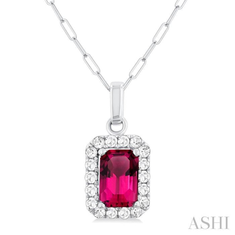 6x4 MM Octagonal Shape Pink Tourmaline and 1/6 Ctw Round Cut Diamond Halo Semi-Precious Pendant with Chain in 14K White Gold 6x4 MM Octagonal Shape Pink Tourmaline and 1/6 Ctw Round Cut Diamond Halo Semi-Precious Pendant with Chain in 14K White Gold