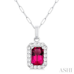 6x4 MM Octagonal Shape Pink Tourmaline and 1/6 Ctw Round Cut Diamond Halo Semi-Precious Pendant with Chain in 14K White Gold 6x4 MM Octagonal Shape Pink Tourmaline and 1/6 Ctw Round Cut Diamond Halo Semi-Precious Pendant with Chain in 14K White Gold