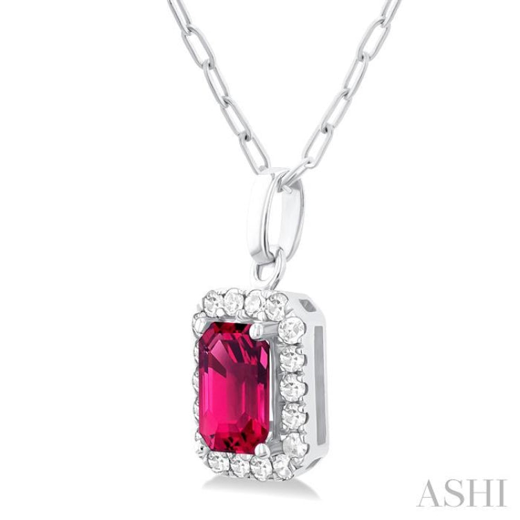 6x4 MM Octagonal Shape Pink Tourmaline and 1/6 Ctw Round Cut Diamond Halo Semi-Precious Pendant with Chain in 14K White Gold 6x4 MM Octagonal Shape Pink Tourmaline and 1/6 Ctw Round Cut Diamond Halo Semi-Precious Pendant with Chain in 14K White Gold