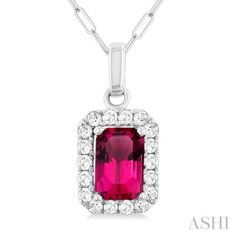 6x4 MM Octagonal Shape Pink Tourmaline and 1/6 Ctw Round Cut Diamond Halo Semi-Precious Pendant with Chain in 14K White Gold 6x4 MM Octagonal Shape Pink Tourmaline and 1/6 Ctw Round Cut Diamond Halo Semi-Precious Pendant with Chain in 14K White Gold