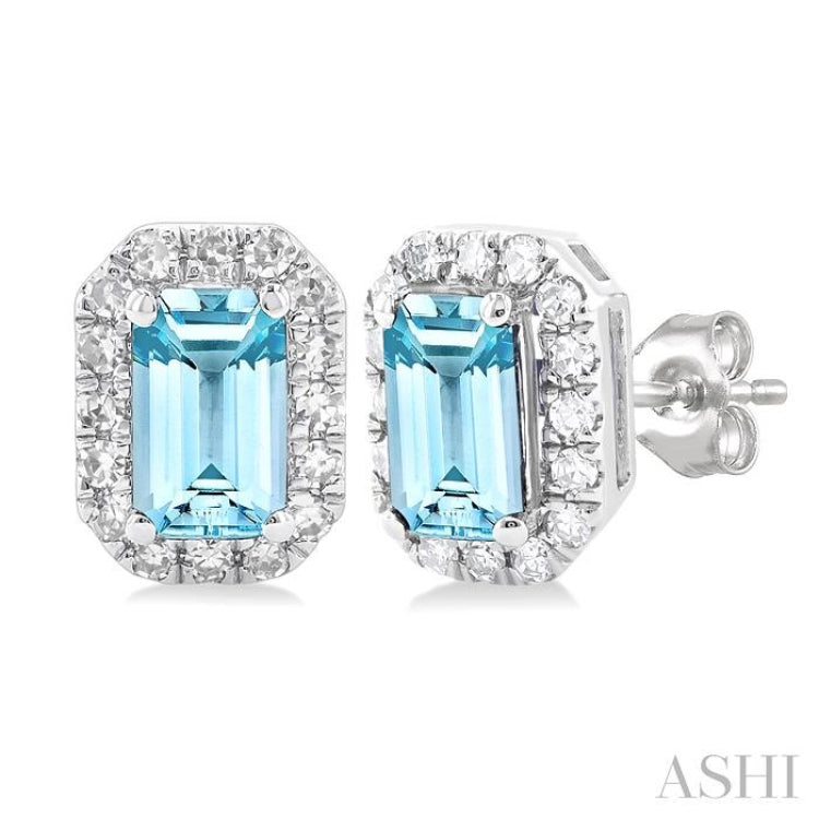 5x3 MM Octagonal Shape Aquamarine and 1/8 Ctw Single Cut Diamond Halo Semi-Precious Stud Earrings in 14K White Gold 5x3 MM Octagonal Shape Aquamarine and 1/8 Ctw Single Cut Diamond Halo Semi-Precious Stud Earrings in 14K White Gold