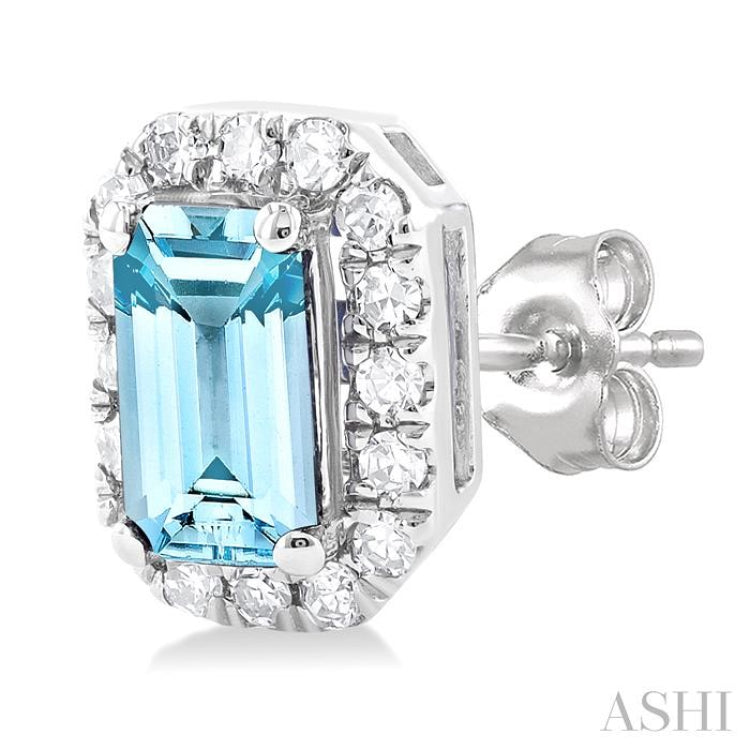 5x3 MM Octagonal Shape Aquamarine and 1/8 Ctw Single Cut Diamond Halo Semi-Precious Stud Earrings in 14K White Gold 5x3 MM Octagonal Shape Aquamarine and 1/8 Ctw Single Cut Diamond Halo Semi-Precious Stud Earrings in 14K White Gold
