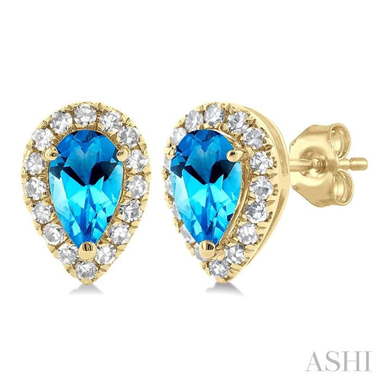 5x3 MM Pear Shape Blue Topaz and 1/8 Ctw Single Cut Diamond Halo Semi-Precious Stud Earrings in 14K Yellow Gold 5x3 MM Pear Shape Blue Topaz and 1/8 Ctw Single Cut Diamond Halo Semi-Precious Stud Earrings in 14K Yellow Gold